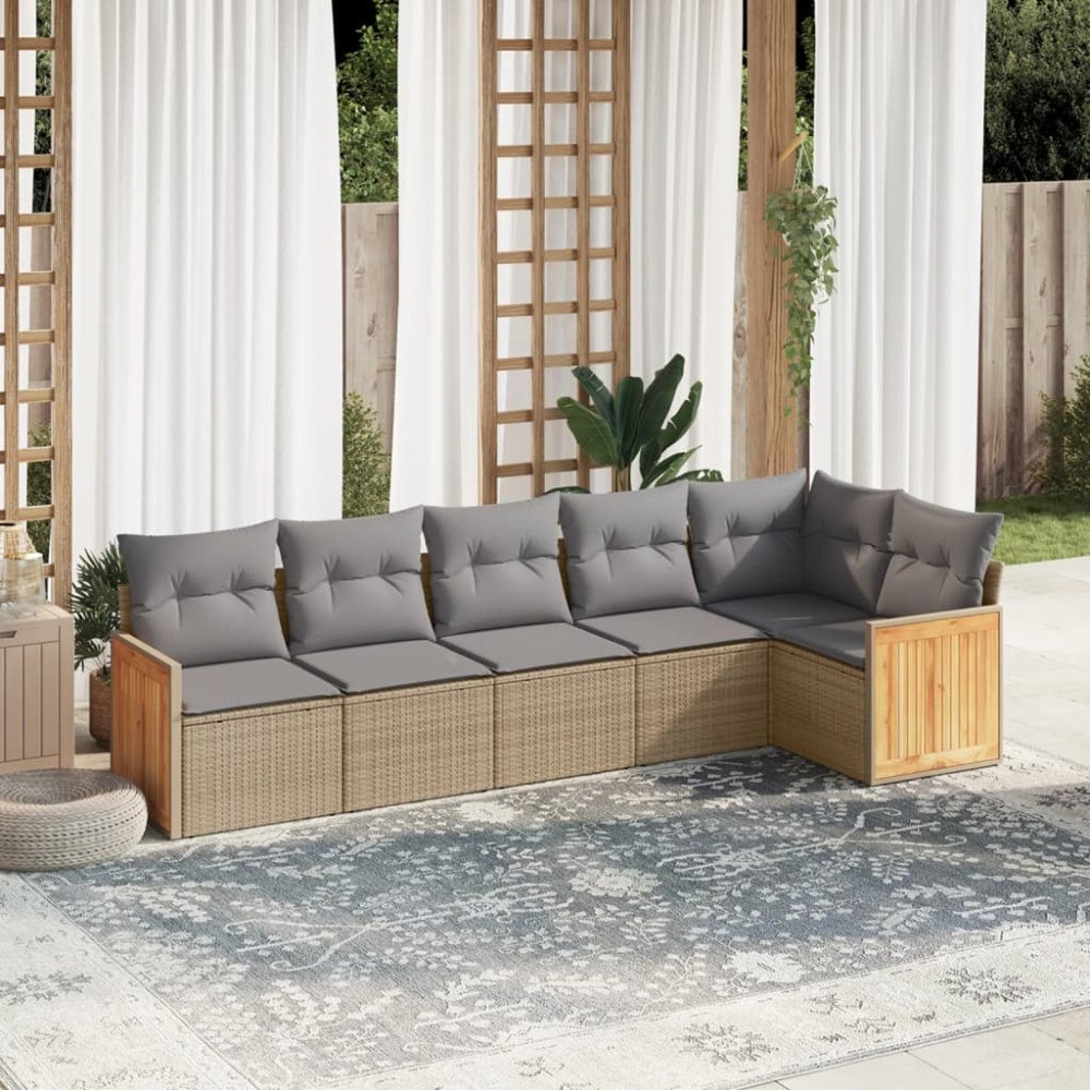 vidaXL Soffgrupp för trädgården med dynor 6 delar beige konstrotting