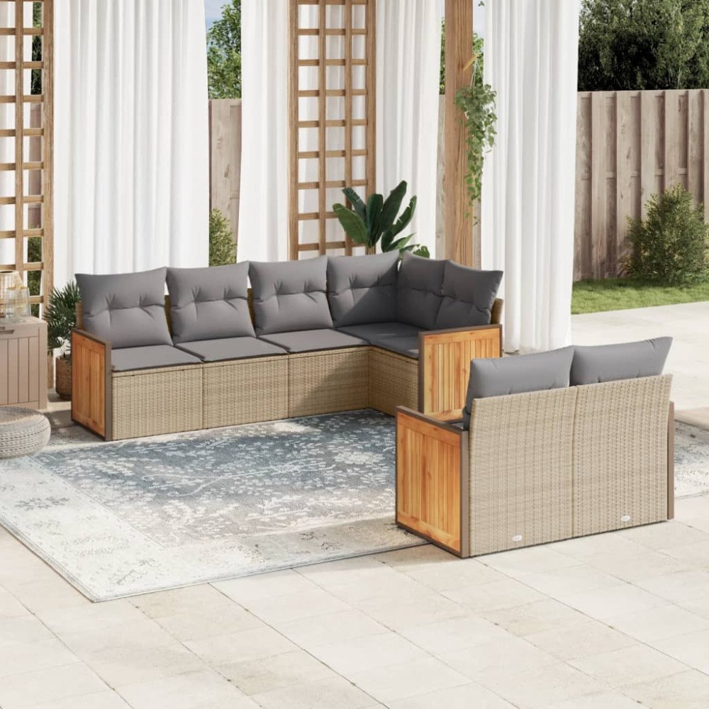 vidaXL Matgrupp för trädgården med dynor 7 delar beige konstrotting