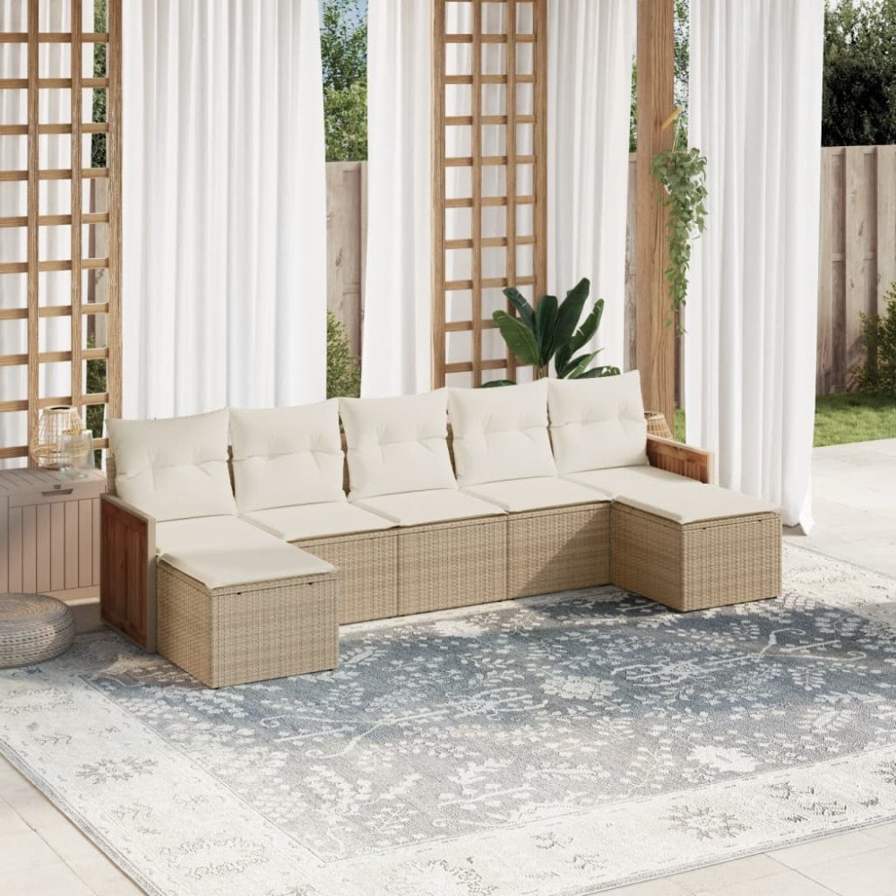 vidaXL Matgrupp för trädgården med dynor 7 delar beige konstrotting