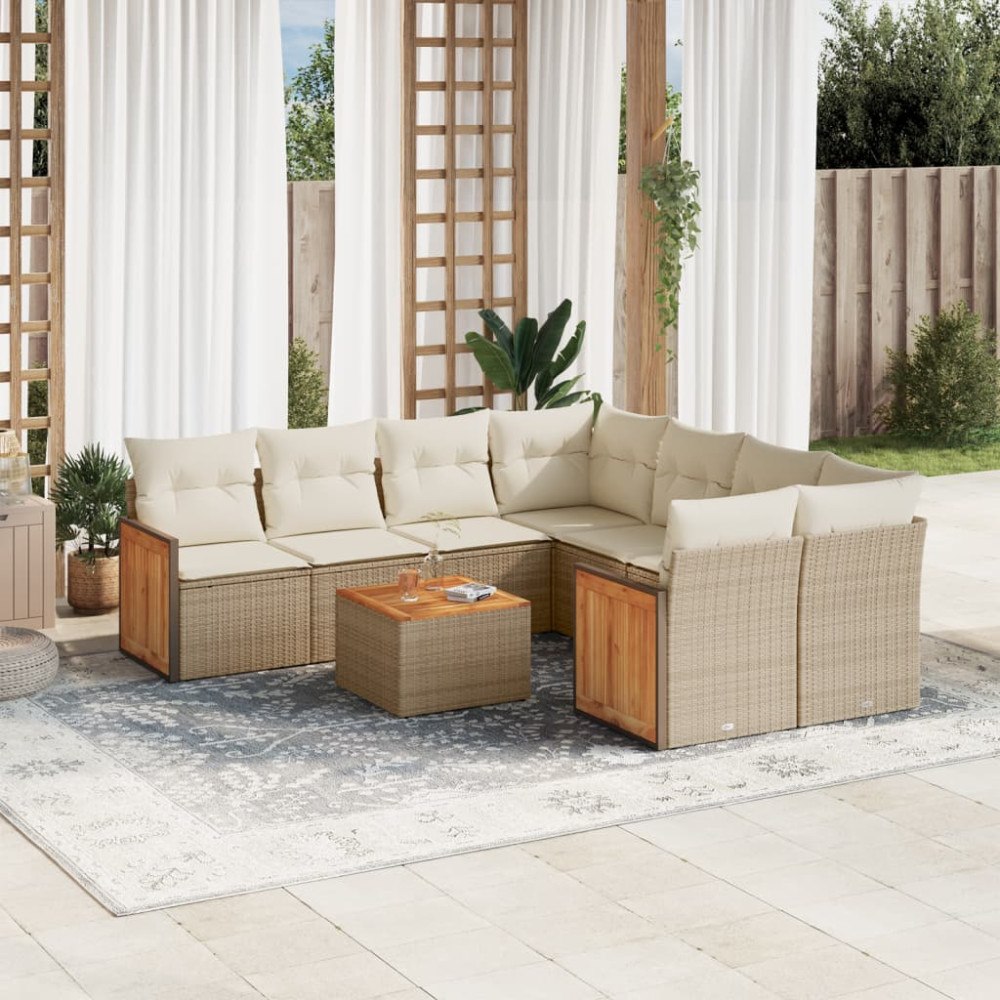 vidaXL Soffgrupp för trädgården med dynor 9 delar beige konstrotting
