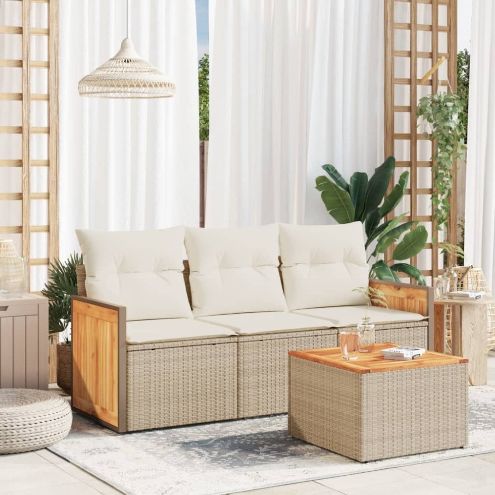 vidaXL Soffgrupp för trädgård med dynor 4 delar beige konstrotting