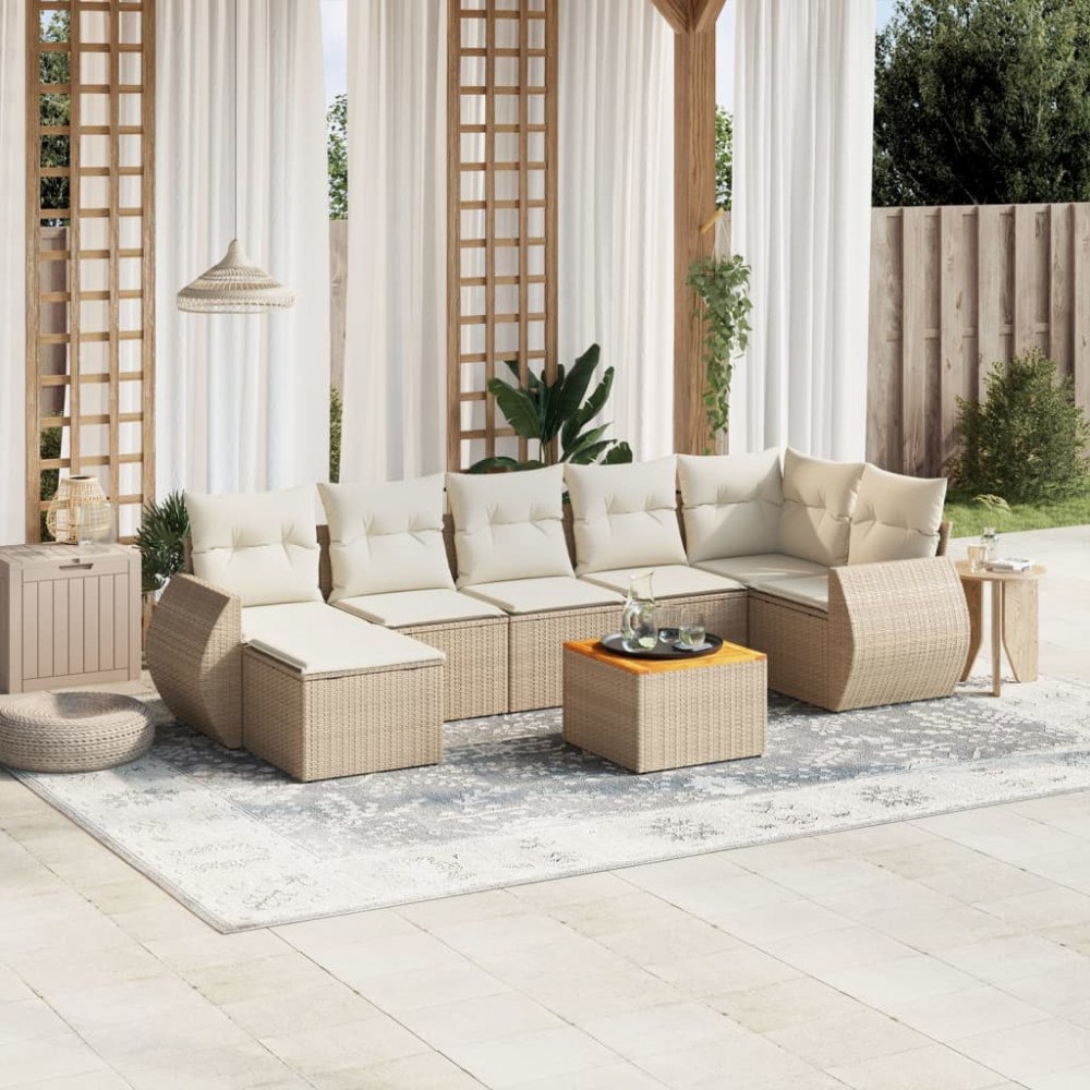vidaXL Matgrupp för trädgården med dynor 8 delar beige konstrotting