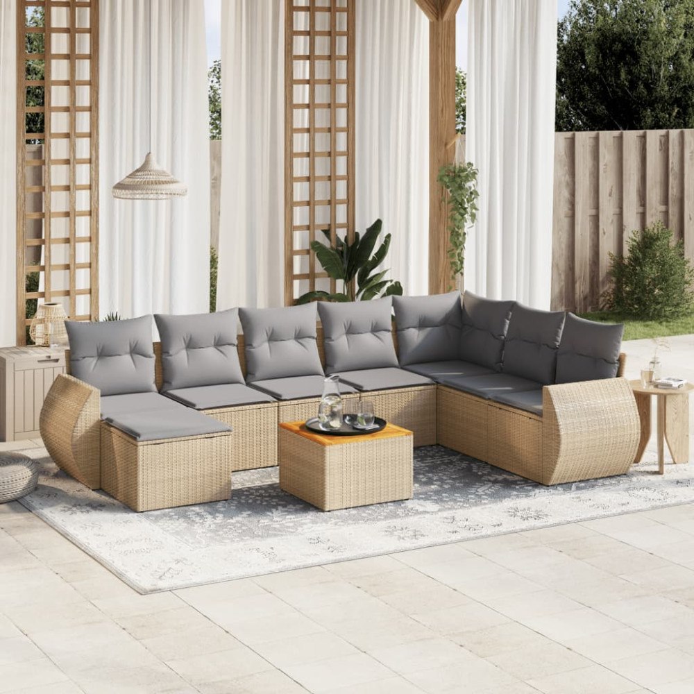 vidaXL Soffgrupp för trädgården med dynor 9 delar beige konstrotting