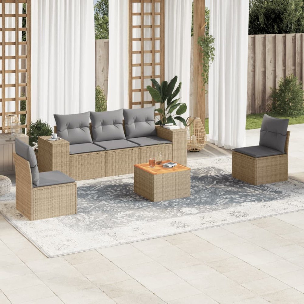 vidaXL Soffgrupp för trädgården med dynor 6 delar beige konstrotting