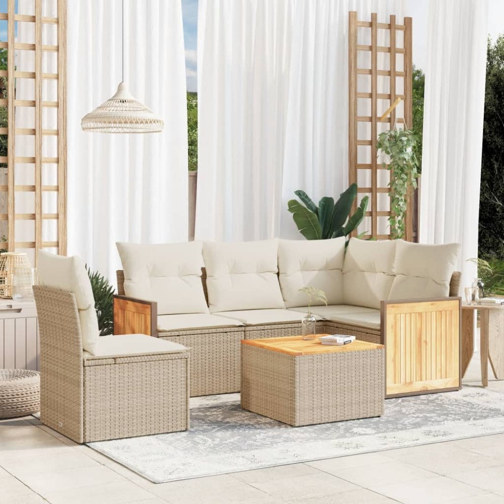 vidaXL Soffgrupp för trädgården med dynor 6 delar beige konstrotting