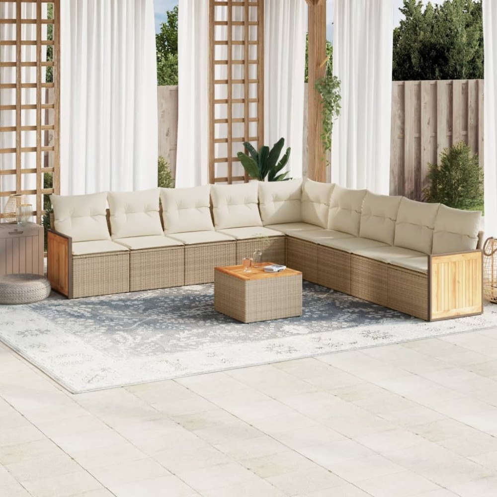 vidaXL Soffgrupp för trädgård med dynor 10 delar beige konstrotting