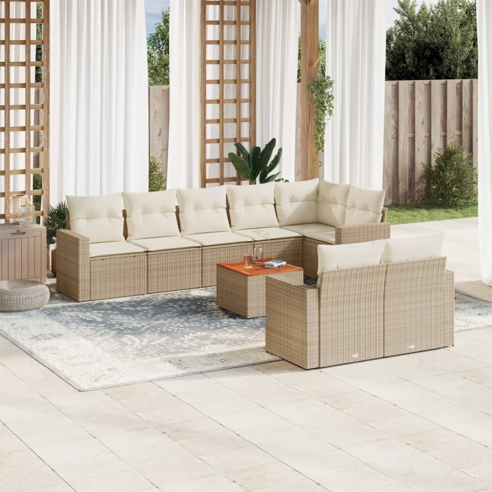 vidaXL Soffgrupp för trädgården med dynor 9 delar beige konstrotting