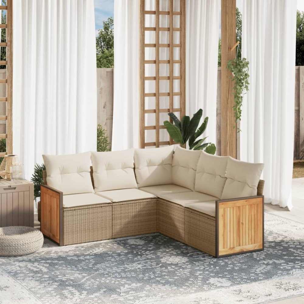 vidaXL Soffgrupp för trädgården med dynor 5 delar beige konstrotting