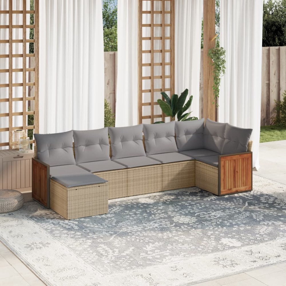 vidaXL Matgrupp för trädgården med dynor 7 delar beige konstrotting