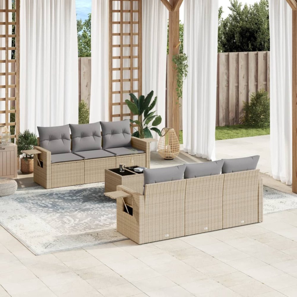 vidaXL Matgrupp för trädgården med dynor 7 delar beige konstrotting