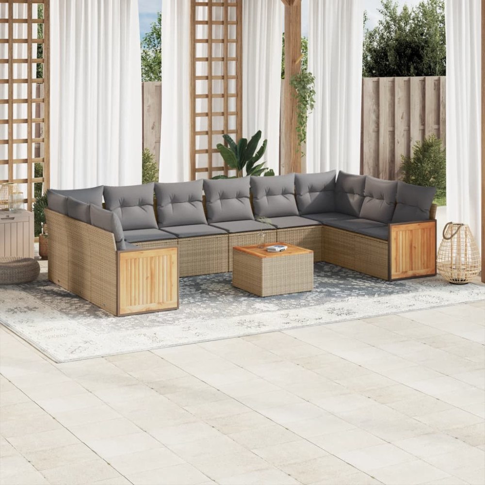 vidaXL Loungegrupp för trädgården m. dynor 11 delar beige konstrotting