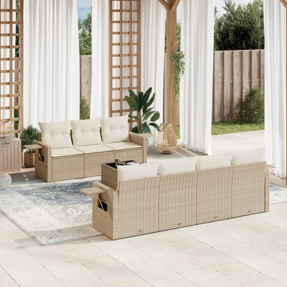 vidaXL Matgrupp för trädgården med dynor 8 delar beige konstrotting