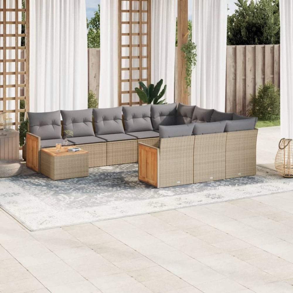 vidaXL Loungegrupp för trädgården m. dynor 11 delar beige konstrotting