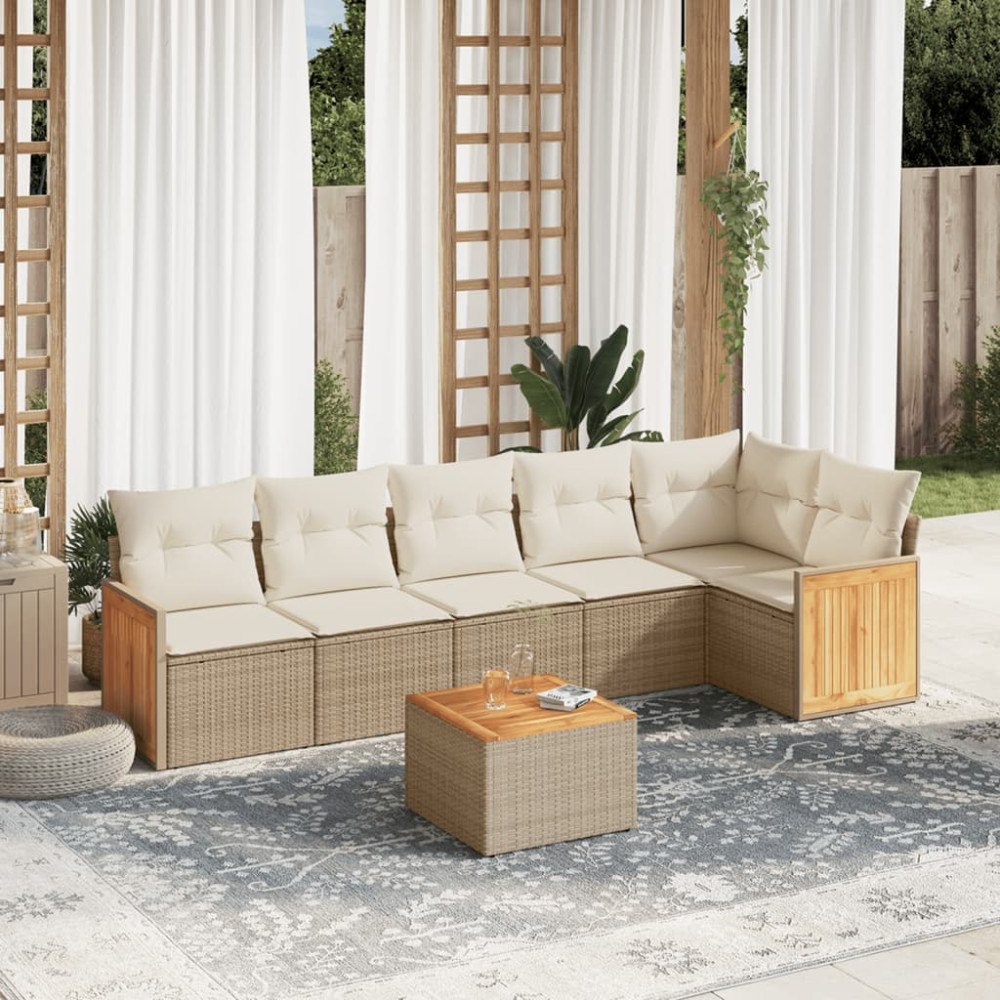 vidaXL Matgrupp för trädgården med dynor 7 delar beige konstrotting