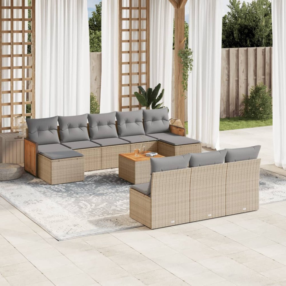 vidaXL Loungegrupp för trädgården m. dynor 11 delar beige konstrotting
