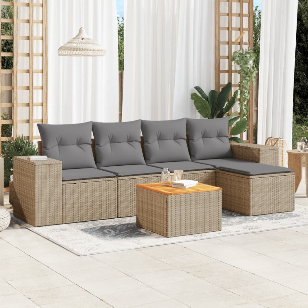 vidaXL Soffgrupp för trädgården med dynor 6 delar beige konstrotting