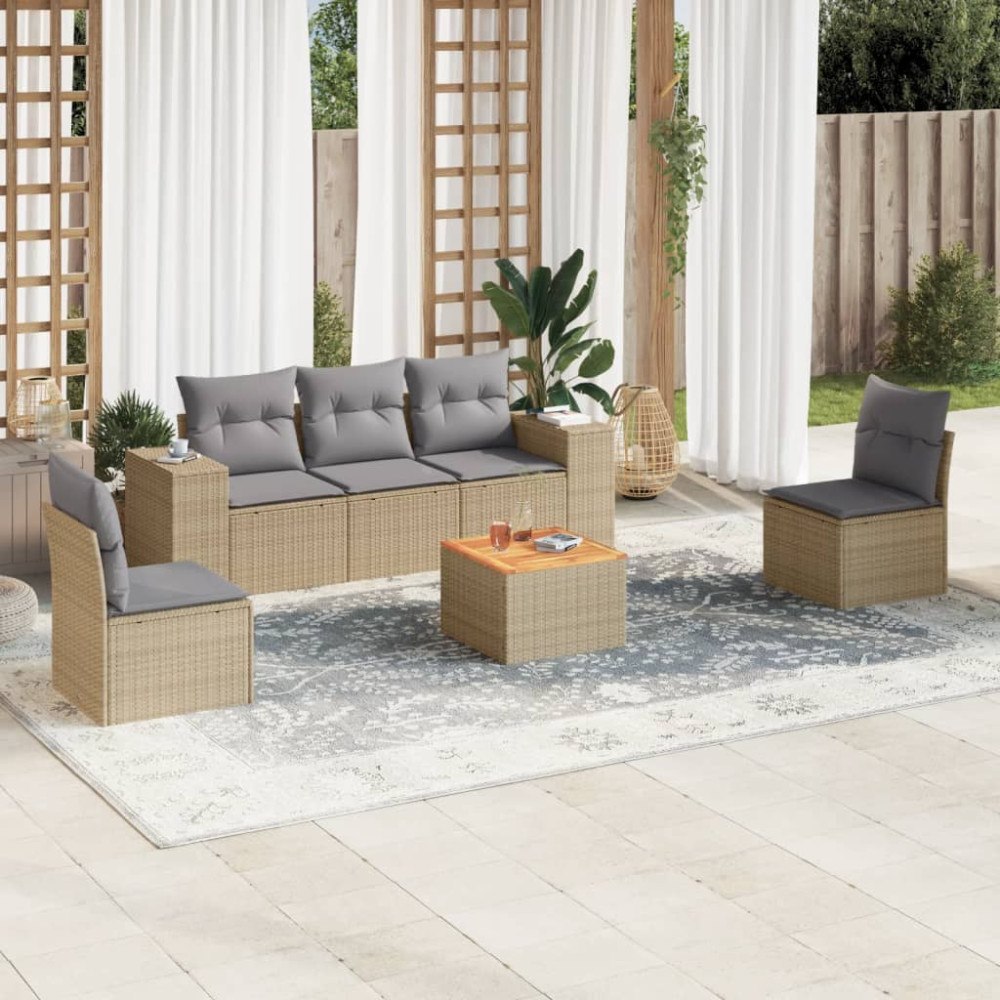 vidaXL Soffgrupp för trädgården med dynor 6 delar beige konstrotting