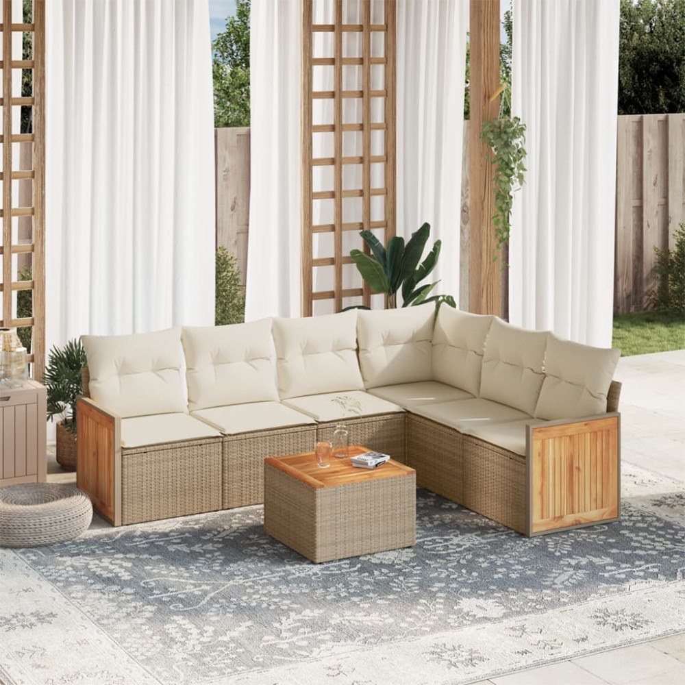 vidaXL Matgrupp för trädgården med dynor 7 delar beige konstrotting