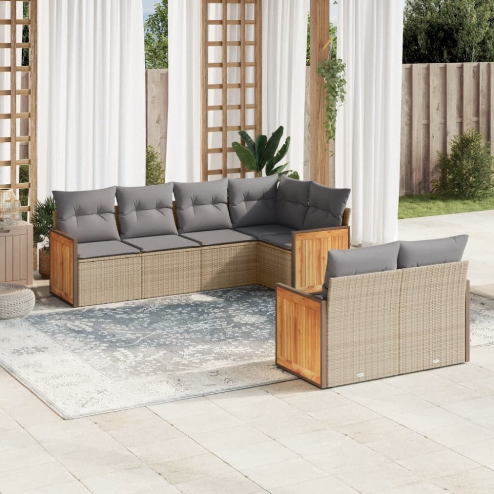 vidaXL Matgrupp för trädgården med dynor 7 delar beige konstrotting