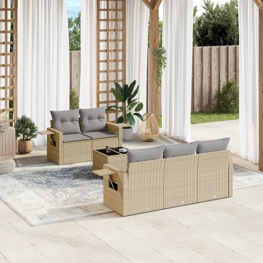 vidaXL Soffgrupp för trädgården med dynor 6 delar beige konstrotting