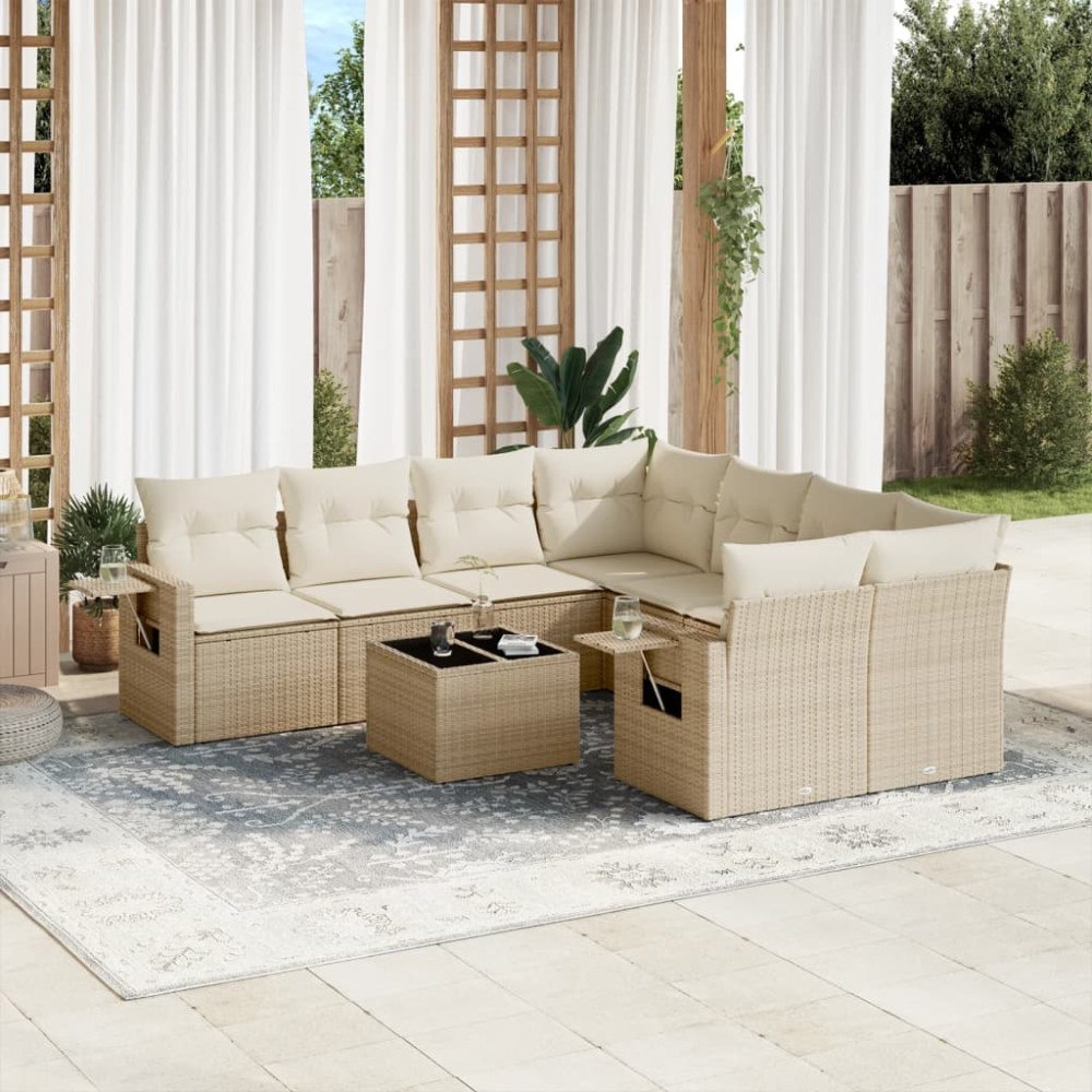 vidaXL Soffgrupp för trädgården med dynor 9 delar beige konstrotting