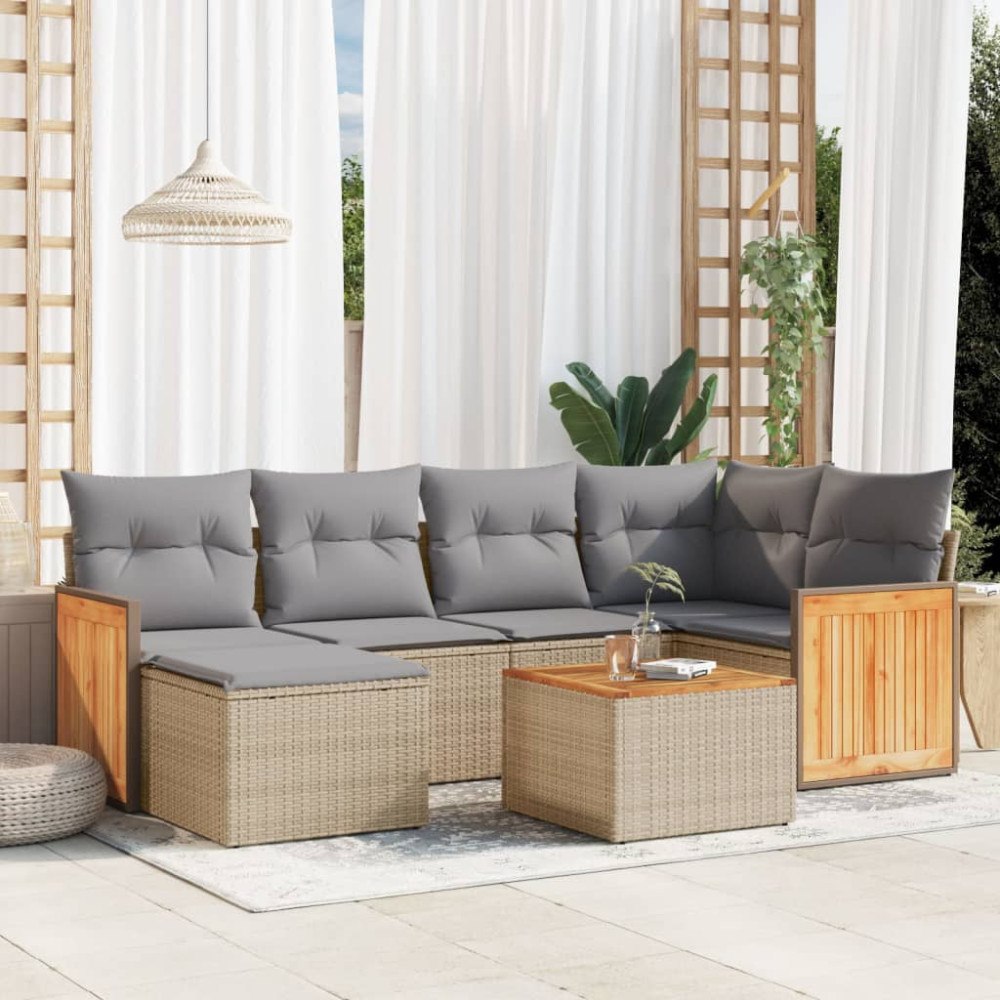 vidaXL Matgrupp för trädgården med dynor 7 delar beige konstrotting