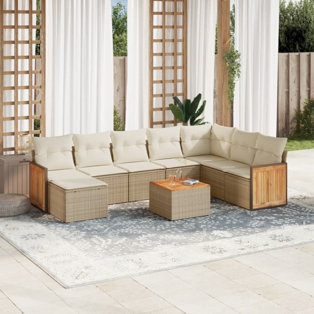 vidaXL Soffgrupp för trädgården med dynor 9 delar beige konstrotting