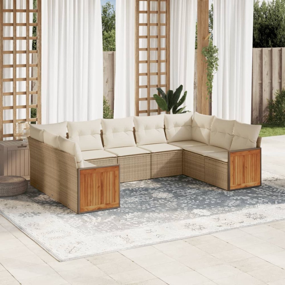 vidaXL Soffgrupp för trädgården med dynor 9 delar beige konstrotting