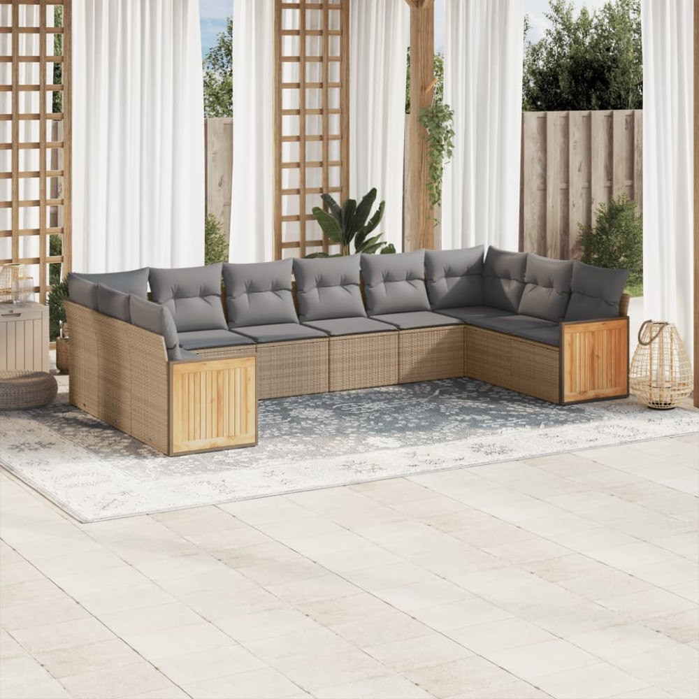 vidaXL Soffgrupp för trädgård med dynor 10 delar beige konstrotting