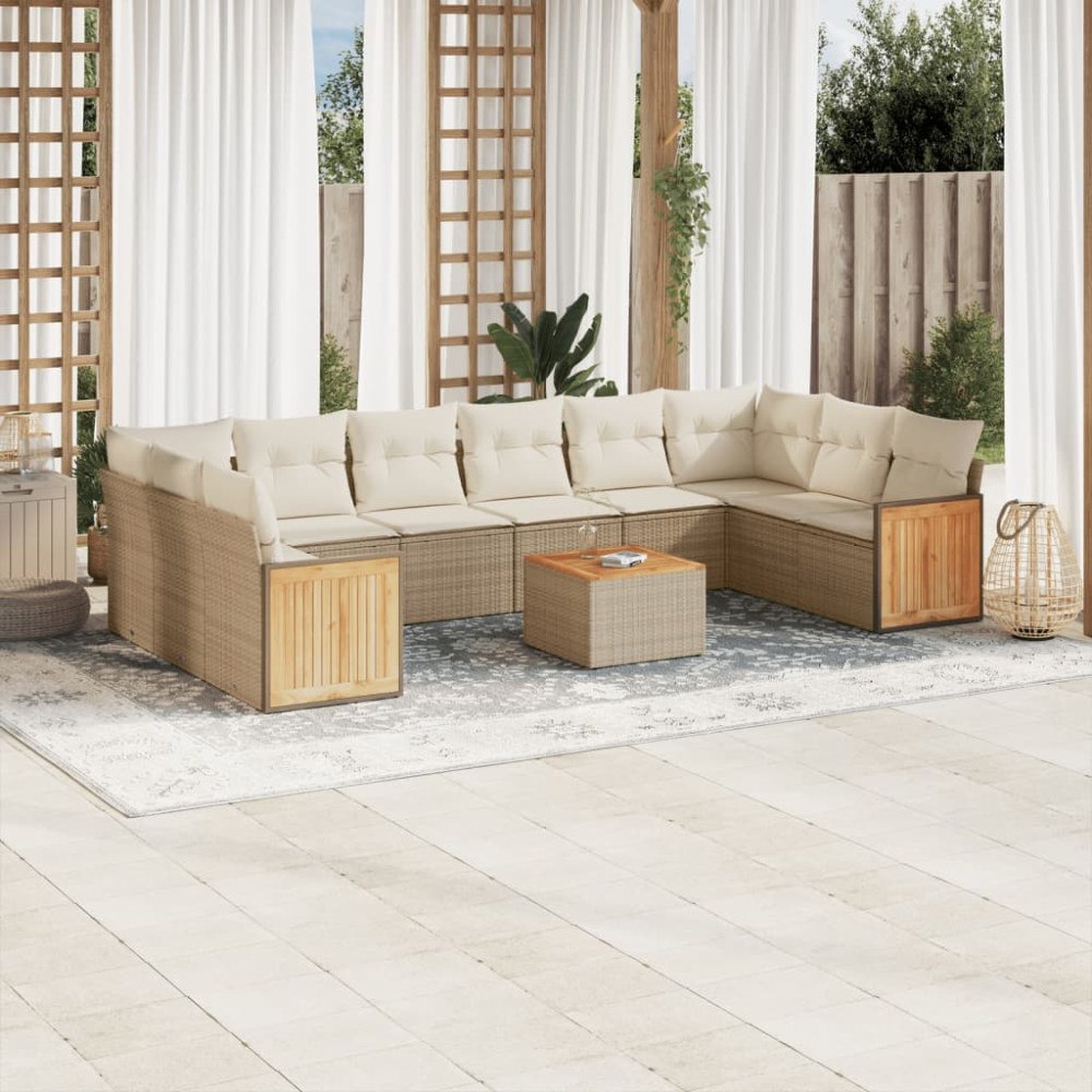 vidaXL Loungegrupp för trädgården m. dynor 11 delar beige konstrotting