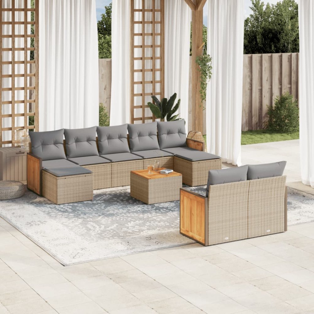 vidaXL Soffgrupp för trädgård med dynor 10 delar beige konstrotting