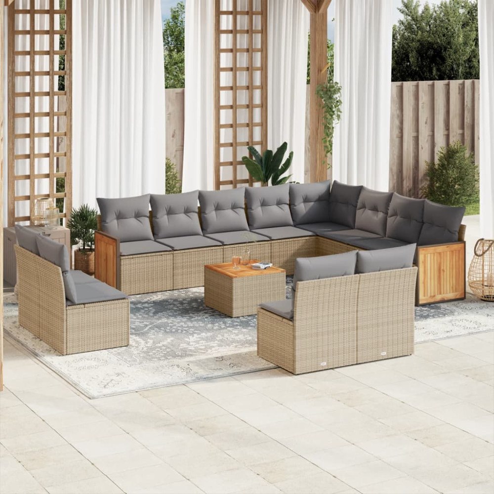 vidaXL Soffgrupp för trädgården med dynor 13 delar beige konstrotting