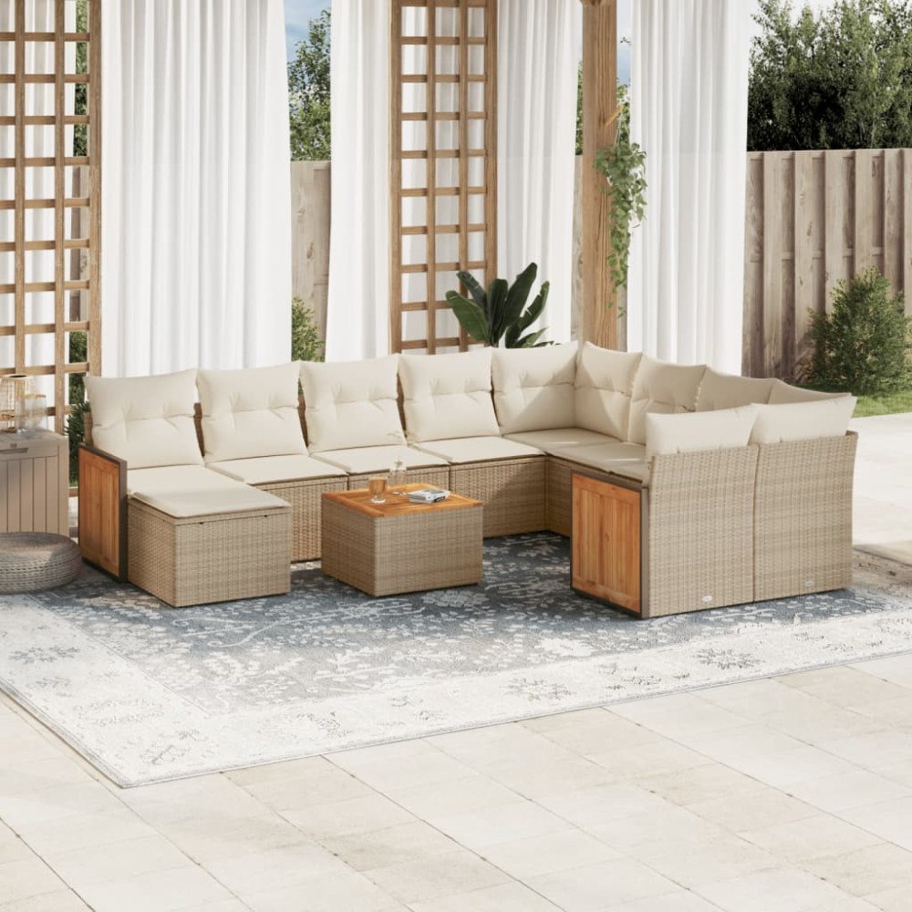 vidaXL Loungegrupp för trädgården m. dynor 11 delar beige konstrotting