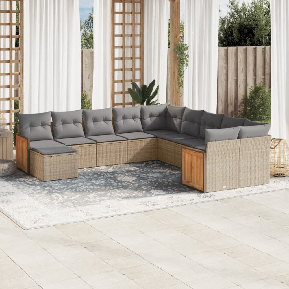 vidaXL Loungegrupp för trädgården m. dynor 11 delar beige konstrotting