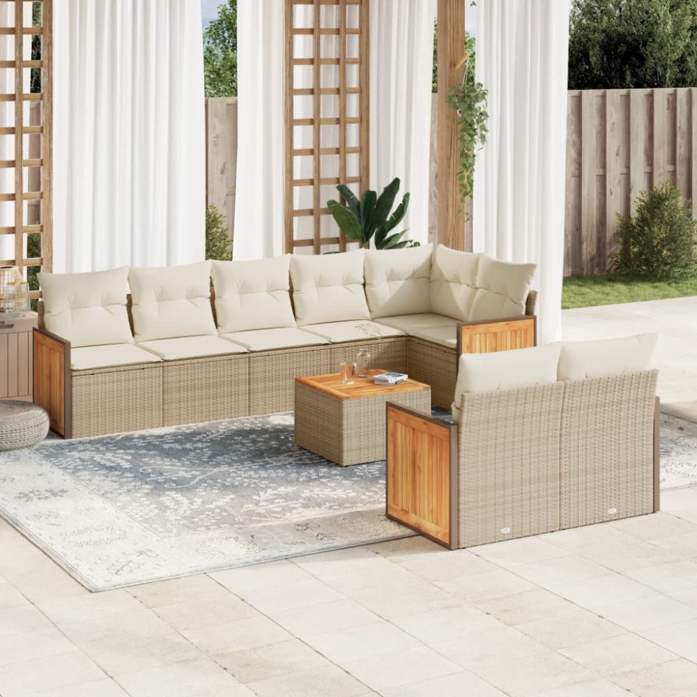 vidaXL Soffgrupp för trädgården med dynor 9 delar beige konstrotting