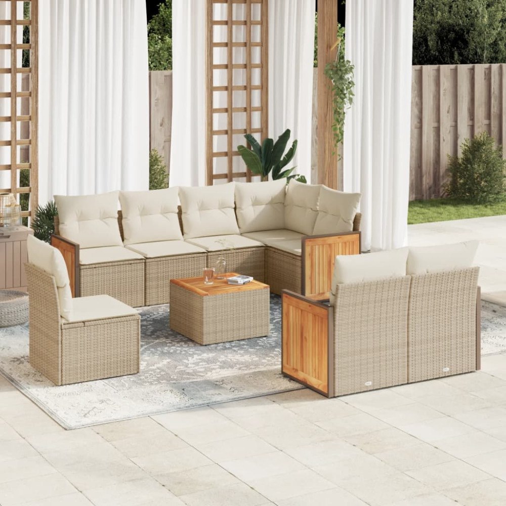vidaXL Soffgrupp för trädgården med dynor 9 delar beige konstrotting