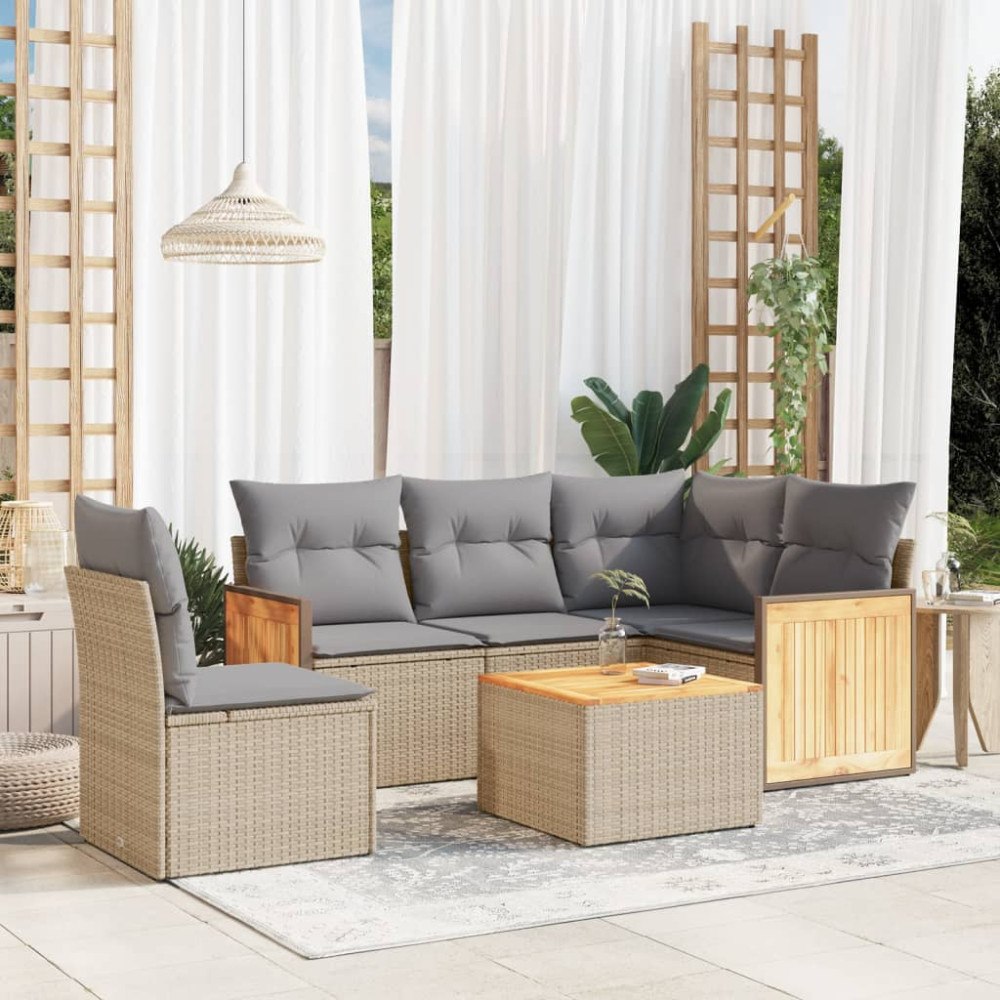 vidaXL Soffgrupp för trädgården med dynor 6 delar beige konstrotting