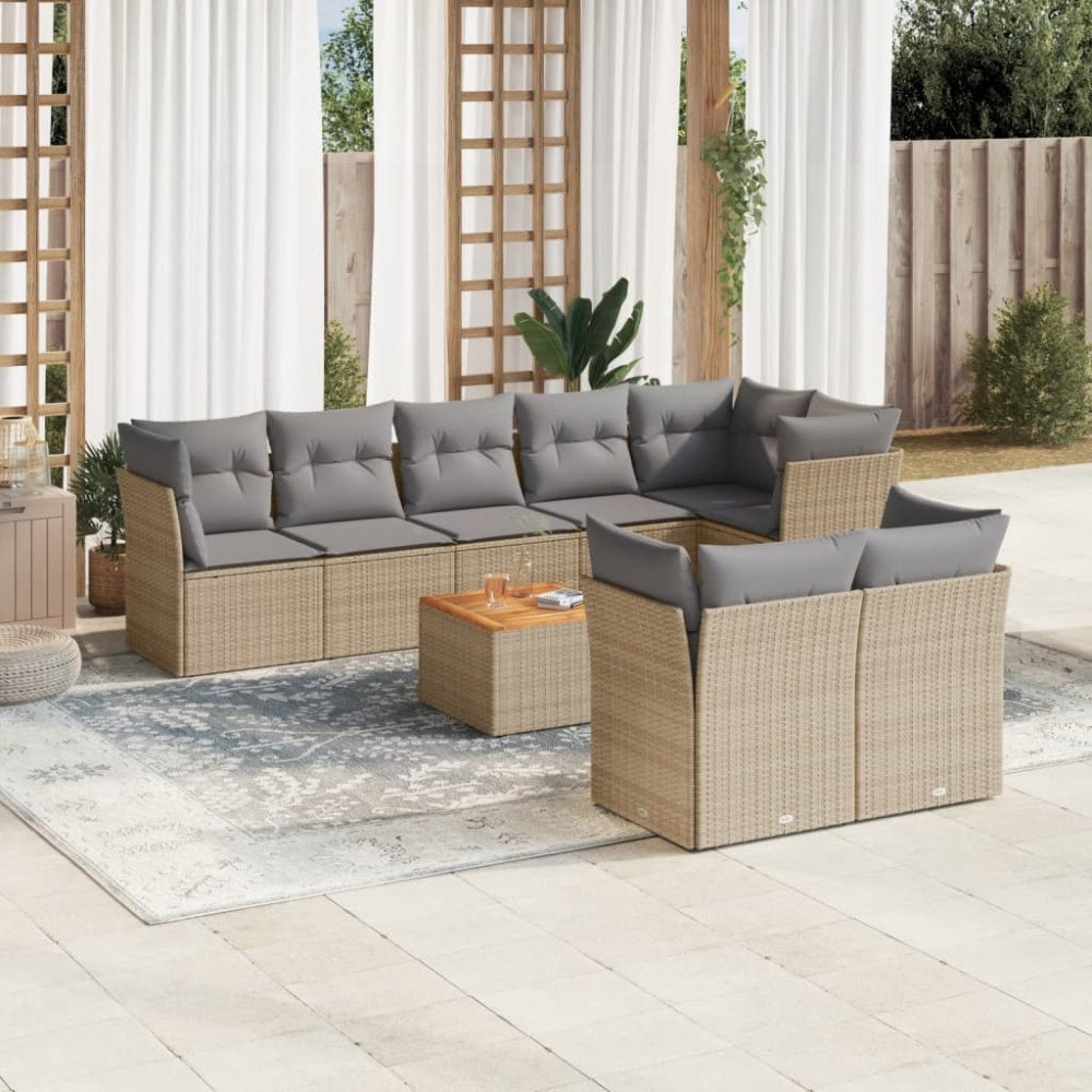 vidaXL Soffgrupp för trädgården med dynor 9 delar beige konstrotting