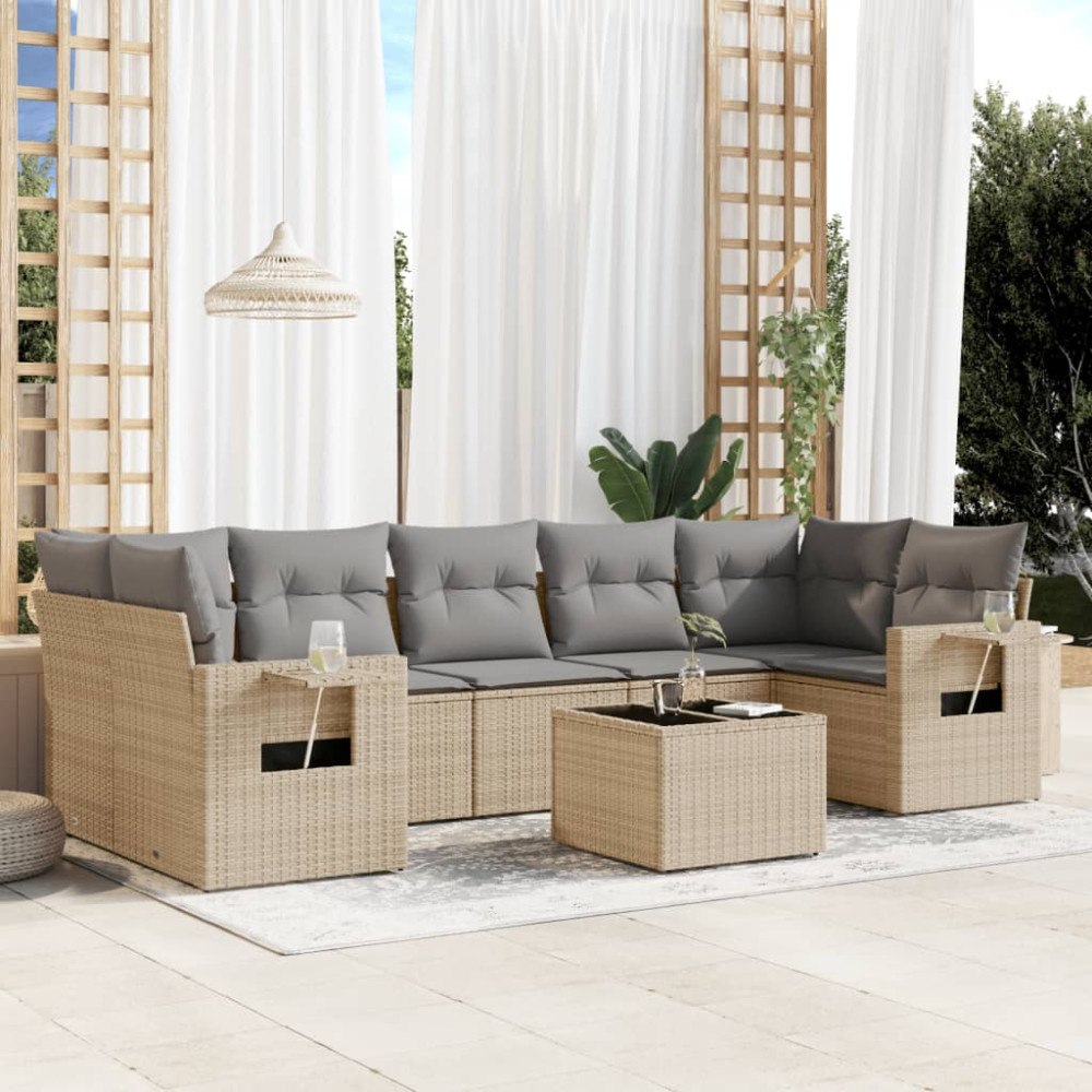 vidaXL Matgrupp för trädgården med dynor 8 delar beige konstrotting