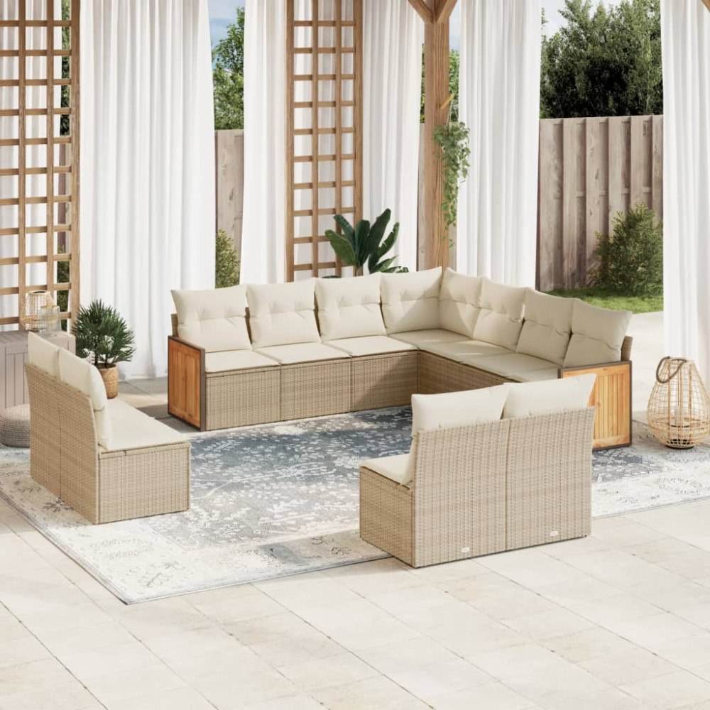 vidaXL Loungegrupp för trädgården m. dynor 11 delar beige konstrotting