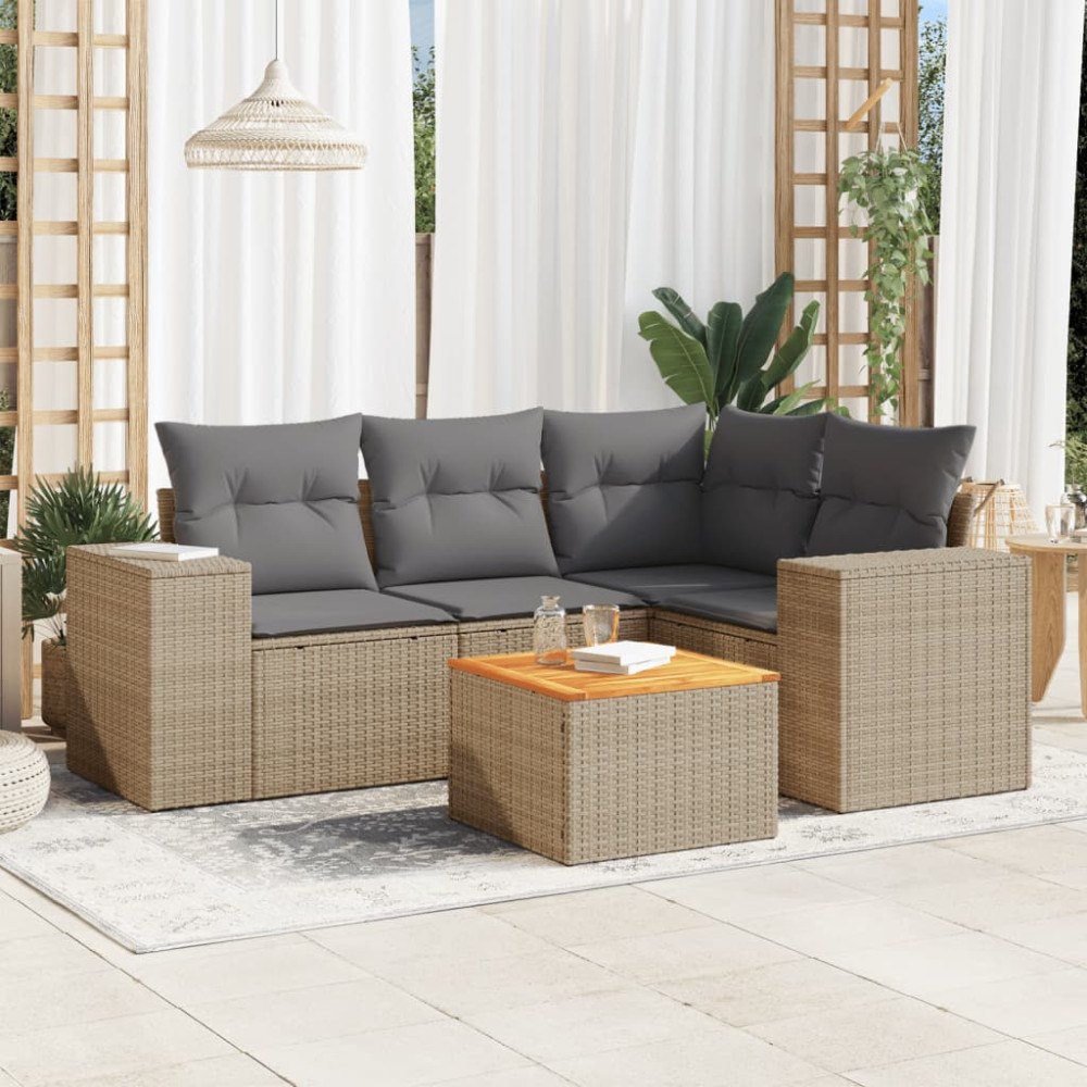 vidaXL Soffgrupp för trädgården med dynor 5 delar beige konstrotting