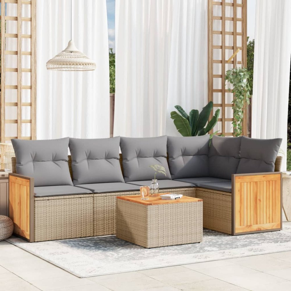 vidaXL Soffgrupp för trädgården med dynor 6 delar beige konstrotting
