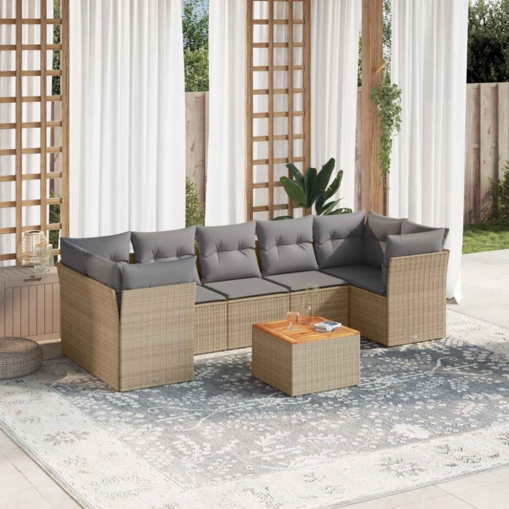 vidaXL Matgrupp för trädgården med dynor 8 delar beige konstrotting