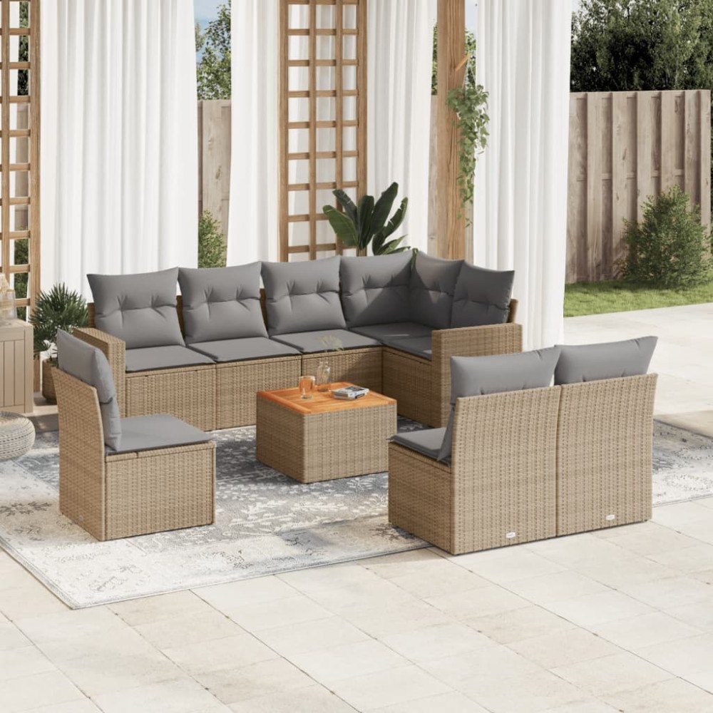 vidaXL Soffgrupp för trädgården med dynor 9 delar beige konstrotting