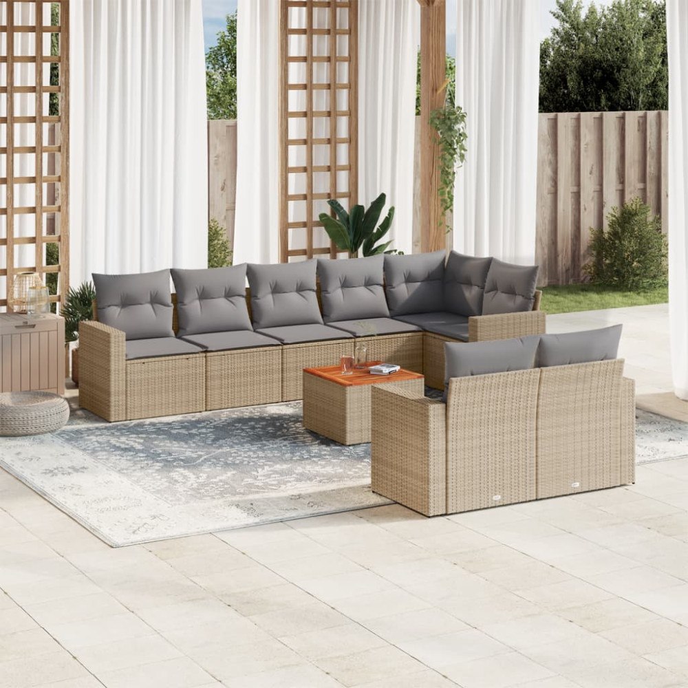 vidaXL Soffgrupp för trädgården med dynor 9 delar beige konstrotting