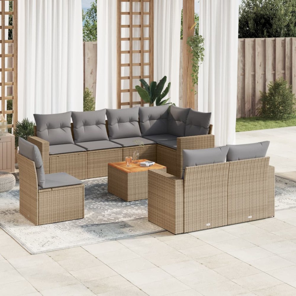 vidaXL Soffgrupp för trädgården med dynor 9 delar beige konstrotting