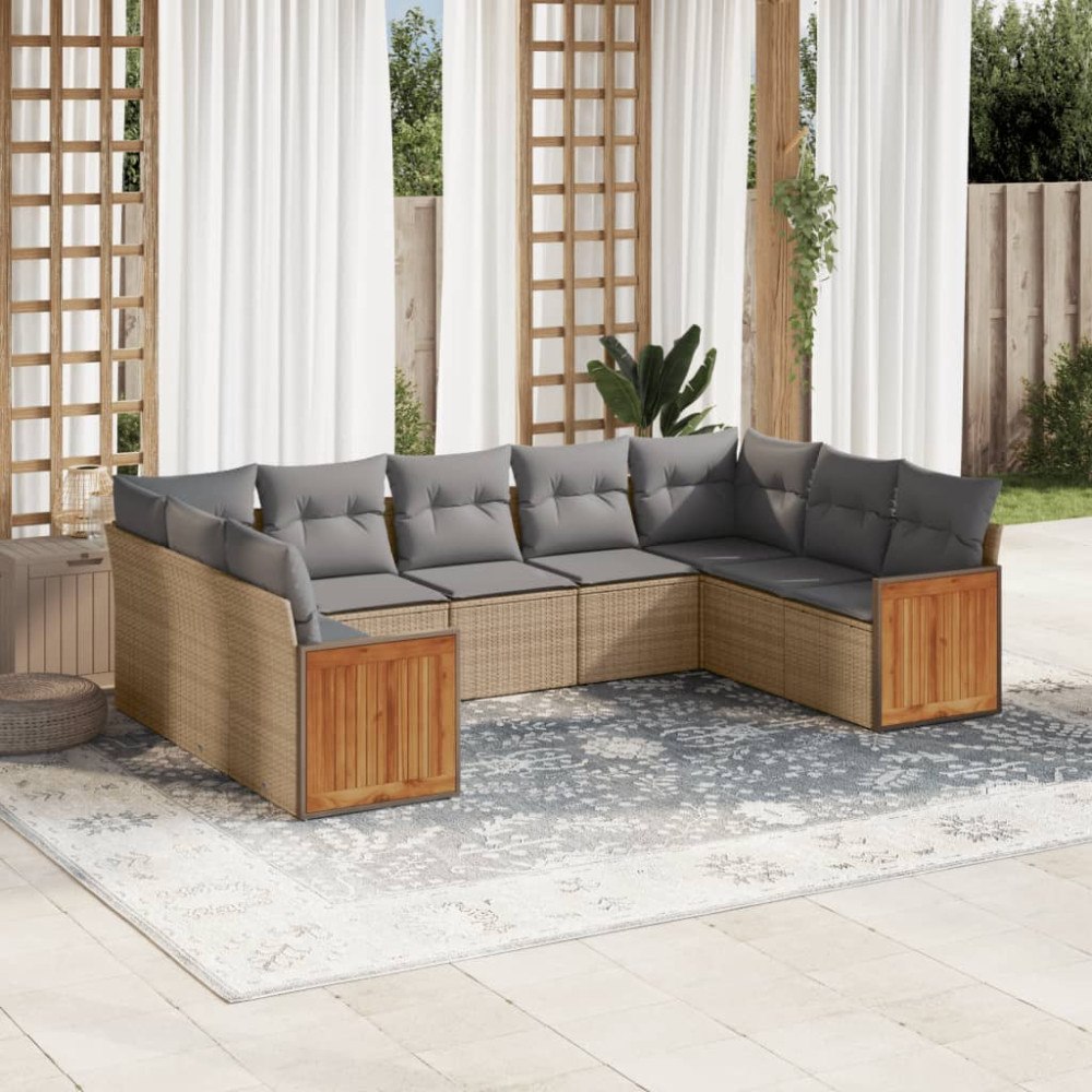 vidaXL Soffgrupp för trädgården med dynor 9 delar beige konstrotting