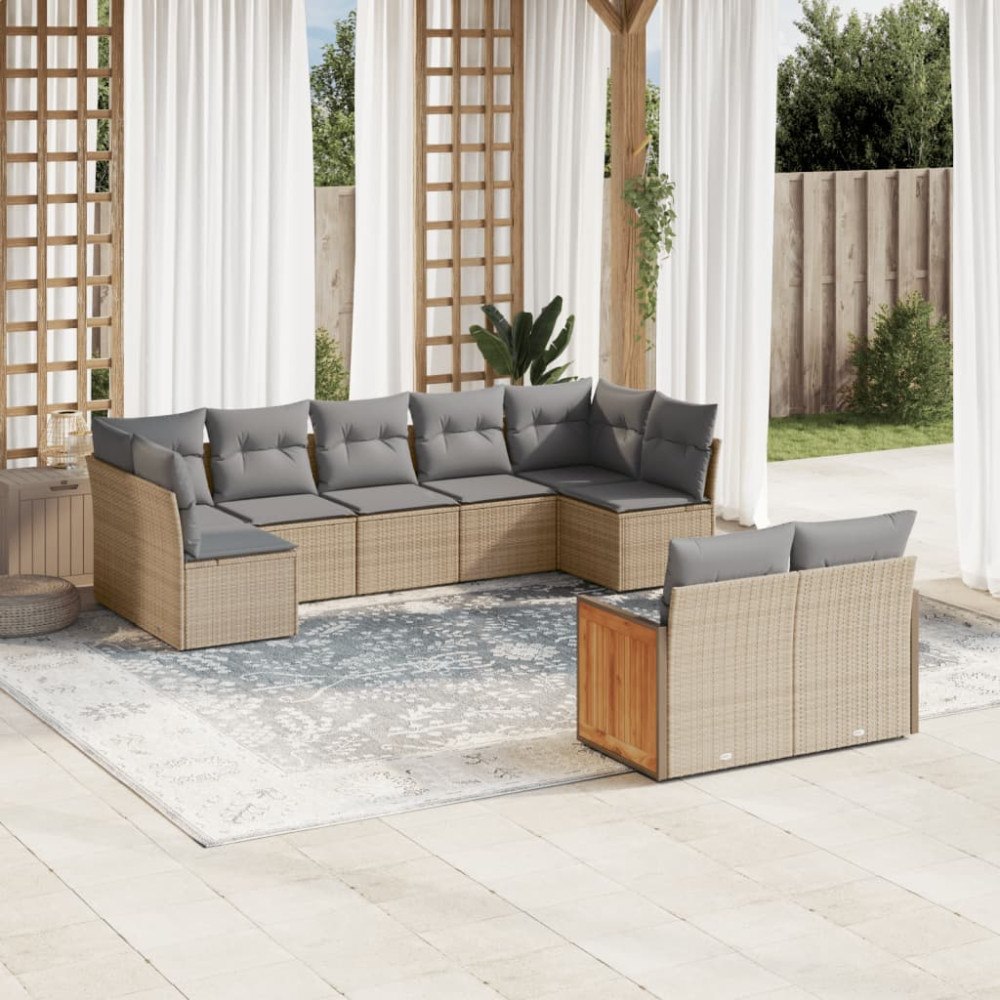vidaXL Soffgrupp för trädgården med dynor 9 delar beige konstrotting