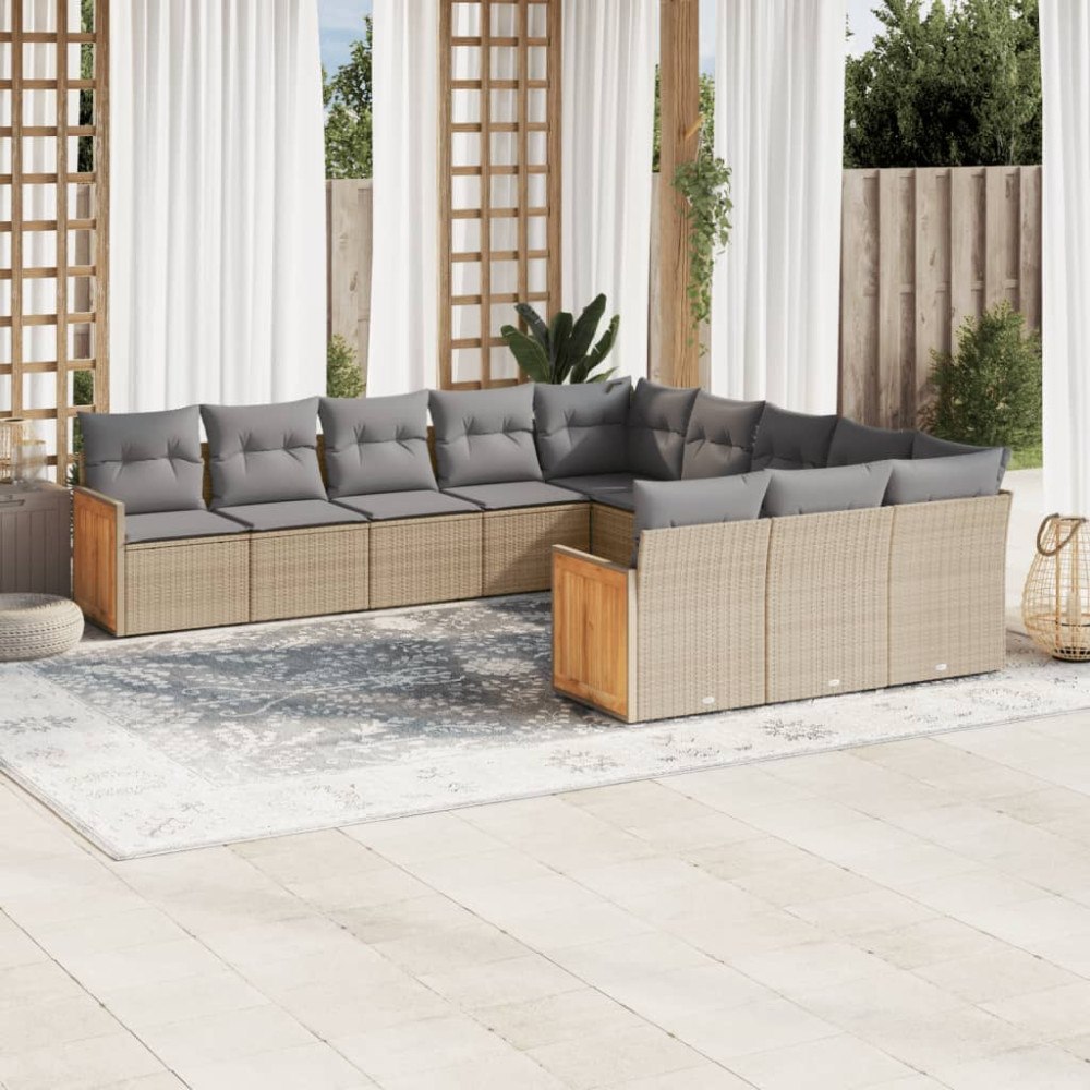 vidaXL Loungegrupp för trädgården m. dynor 11 delar beige konstrotting