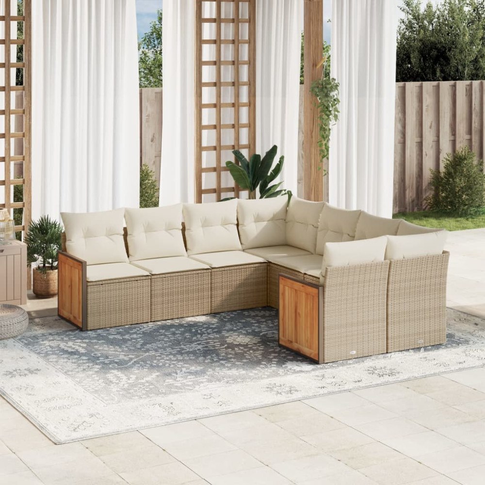vidaXL Matgrupp för trädgården med dynor 8 delar beige konstrotting